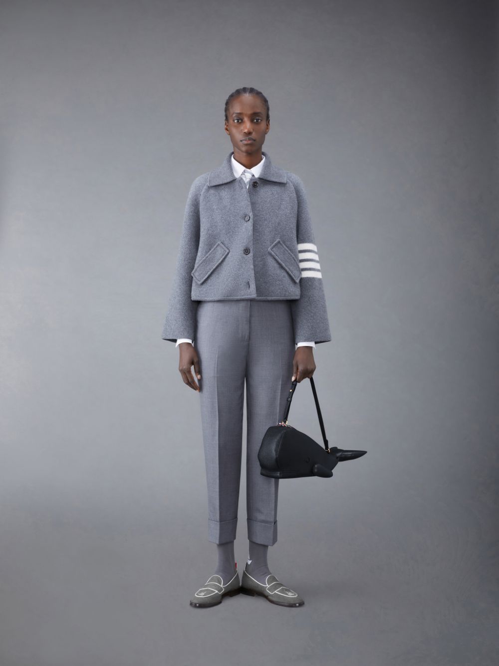 Women Thom Browne Boiled Wool Milano 4-Bar Cropped Car Coats Grey | LRL83I31524