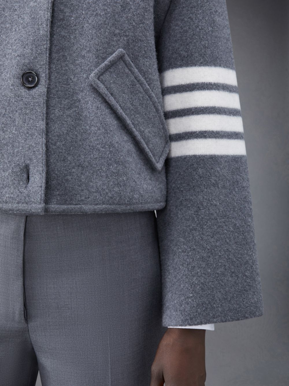 Women Thom Browne Boiled Wool Milano 4-Bar Cropped Car Coats Grey | LRL83I31524