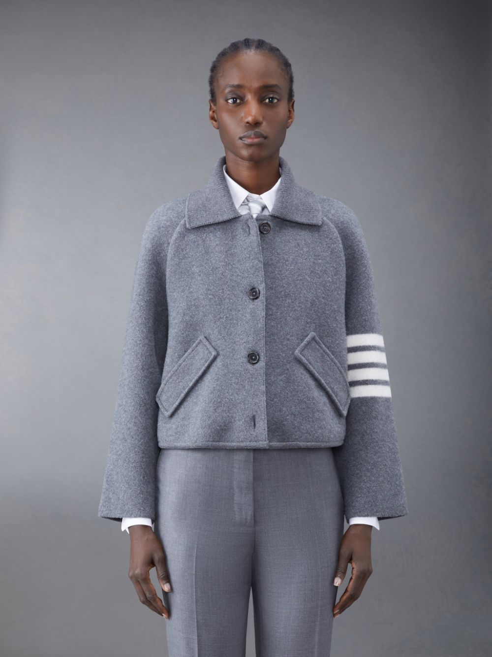 Women Thom Browne Boiled Wool Milano 4-Bar Cropped Car Coats Grey | LRL83I31524