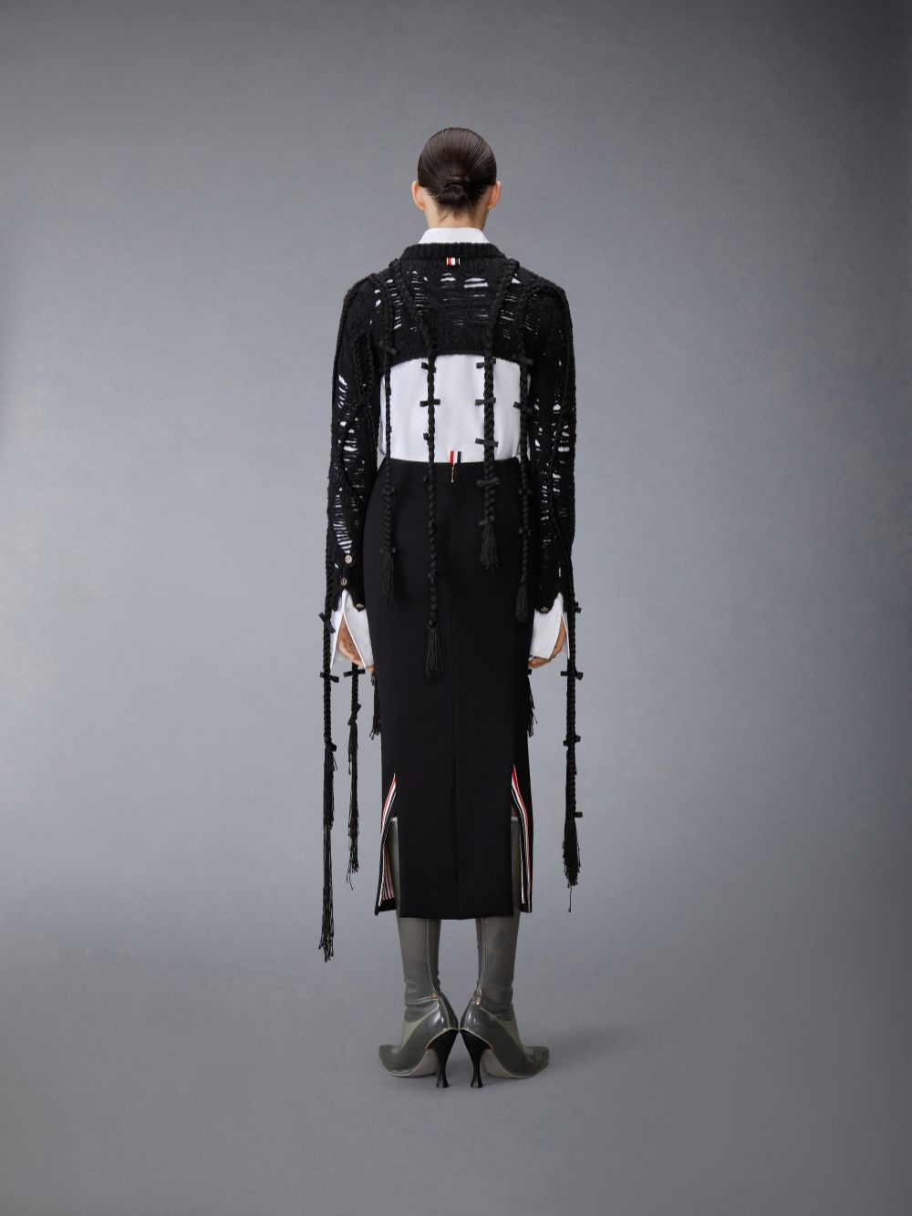 Women Thom Browne Cashmere Silk Cable Ladder Stitch Cropped Crewneck Cardigan Black | GSR01O68570