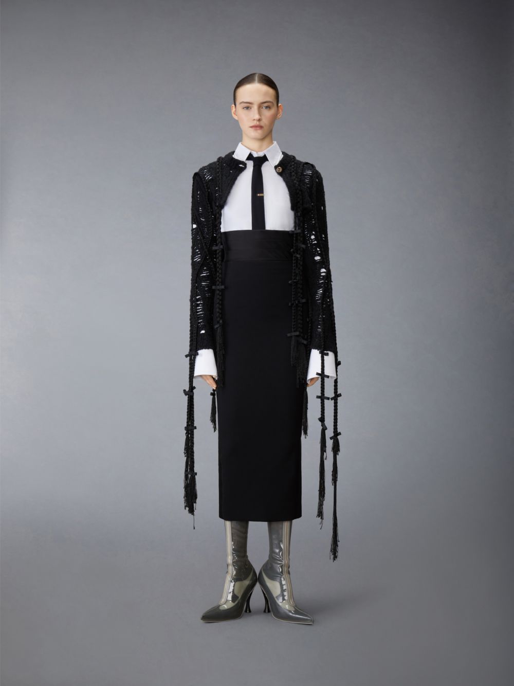 Women Thom Browne Cashmere Silk Cable Ladder Stitch Cropped Crewneck Cardigan Black | GSR01O68570