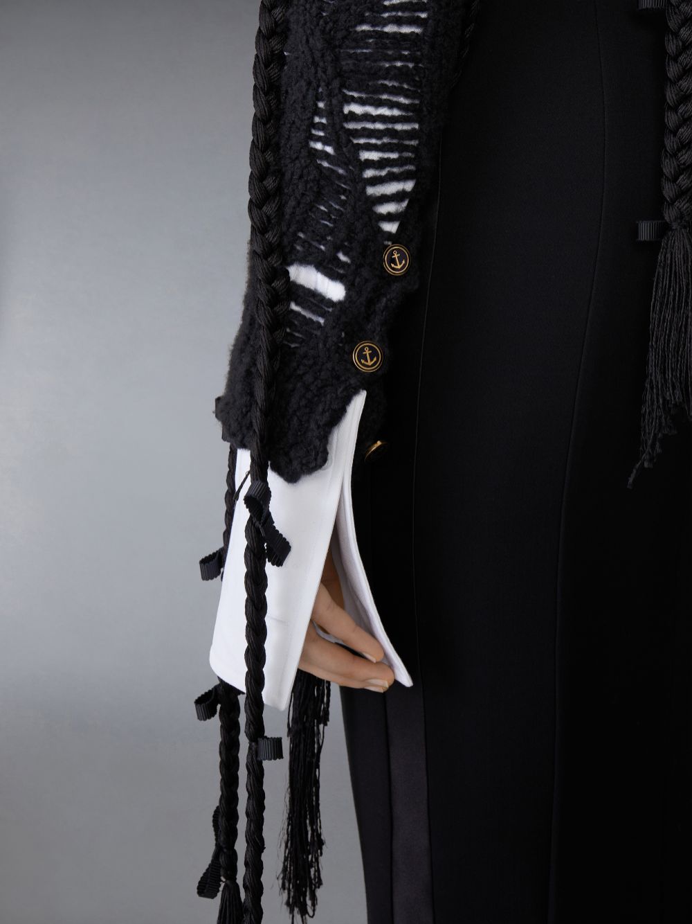 Women Thom Browne Cashmere Silk Cable Ladder Stitch Cropped Crewneck Cardigan Black | GSR01O68570