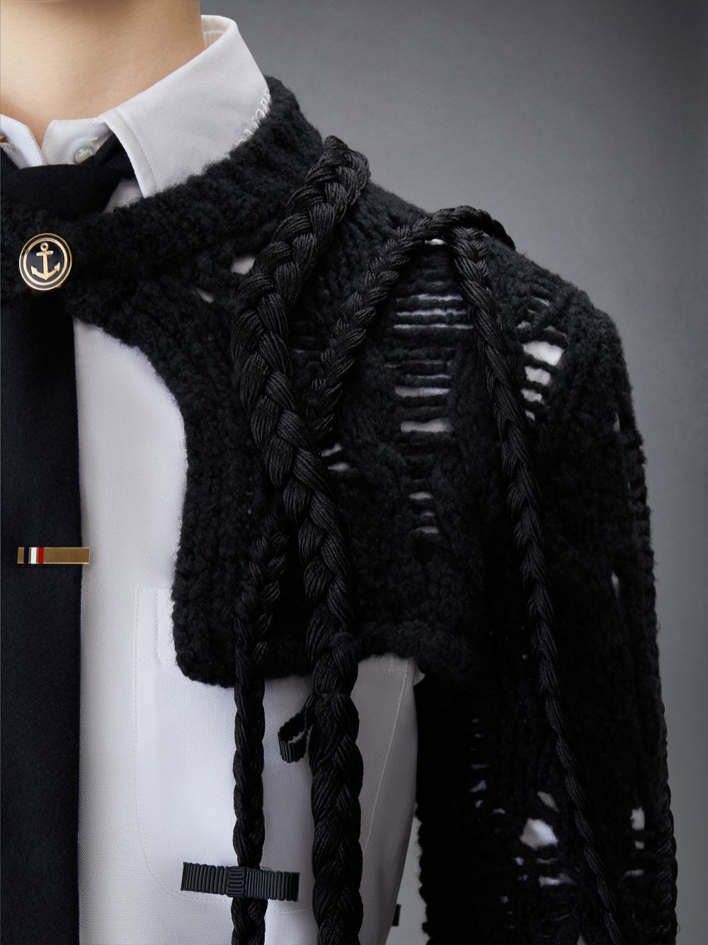 Women Thom Browne Cashmere Silk Cable Ladder Stitch Cropped Crewneck Cardigan Black | GSR01O68570