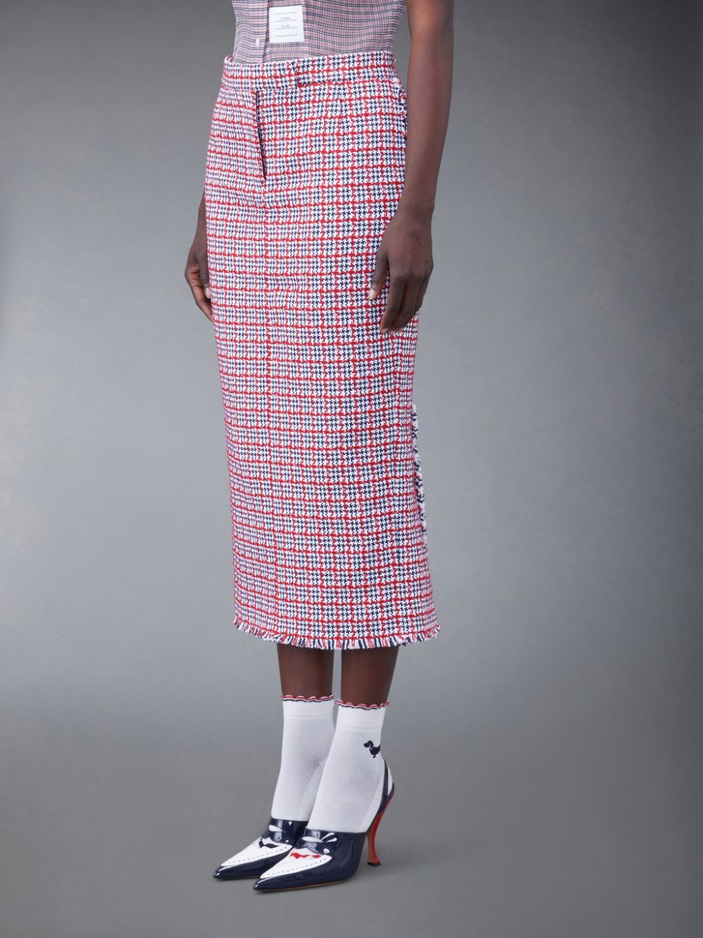 Women Thom Browne Check Summer Tweed Fray Maxi Low Rise Pencil Skirts White | JKR18L42271