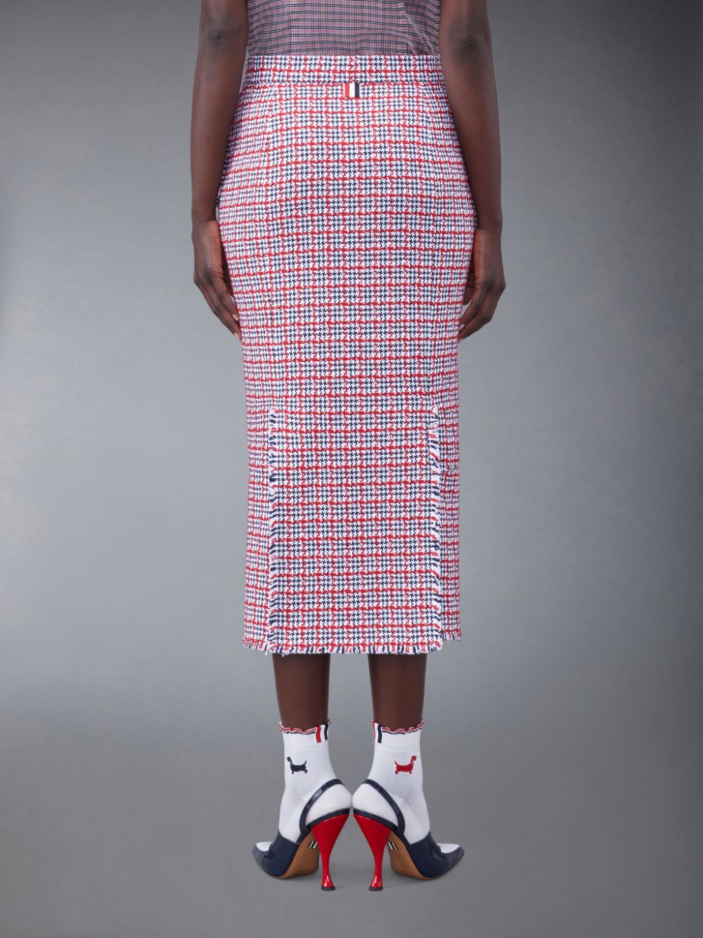 Women Thom Browne Check Summer Tweed Fray Maxi Low Rise Pencil Skirts White | JKR18L42271