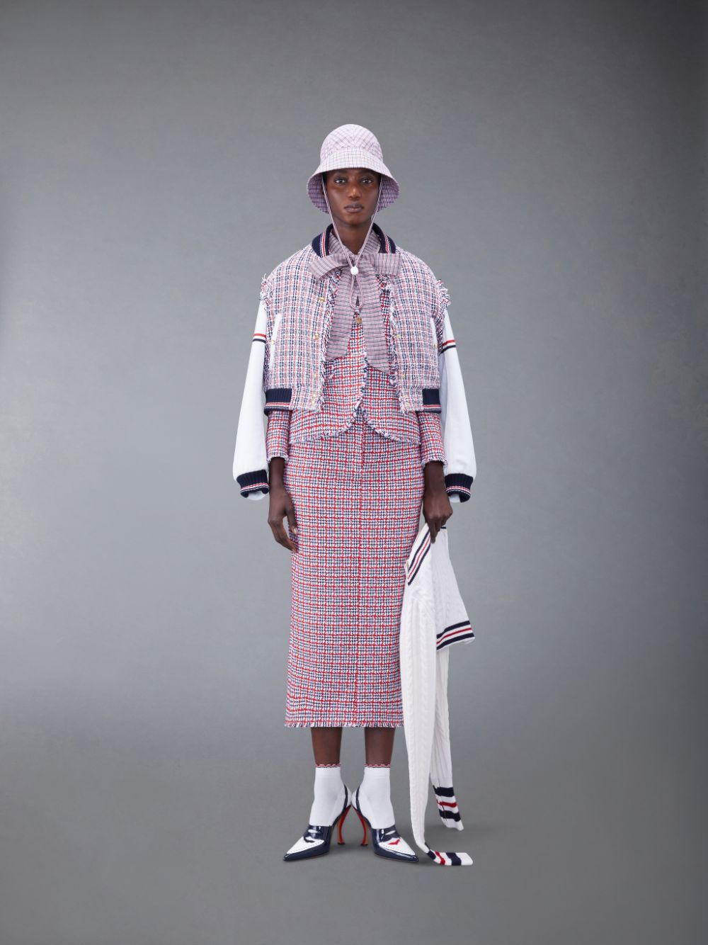 Women Thom Browne Check Summer Tweed Fray Maxi Low Rise Pencil Skirts White | JKR18L42271