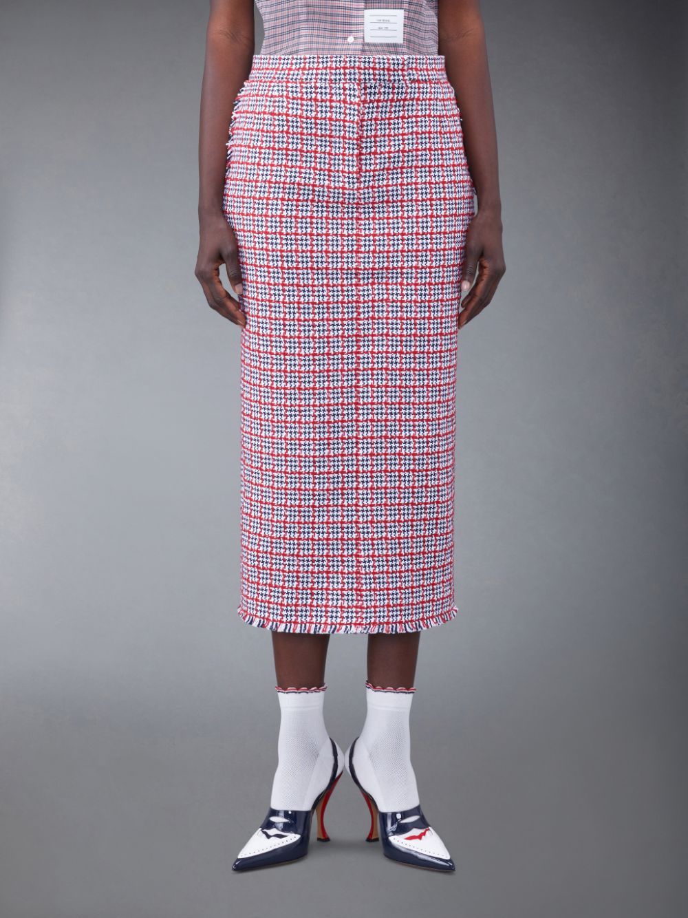 Women Thom Browne Check Summer Tweed Fray Maxi Low Rise Pencil Skirts White | JKR18L42271
