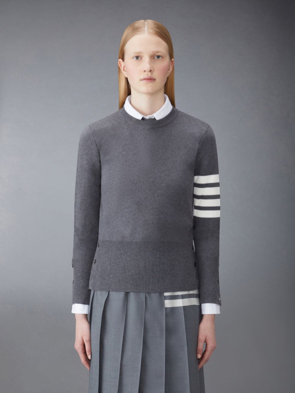 Women Thom Browne Cotton 4-Bar Classic Milano Stitch Pullover Grey | KNT31A16546