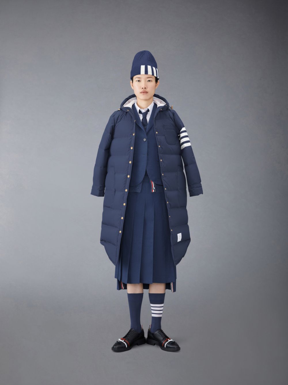 Women Thom Browne Downfilled Ripstop 4-Bar Hooded Shirtdress Coats Blue | EWZ10E92627