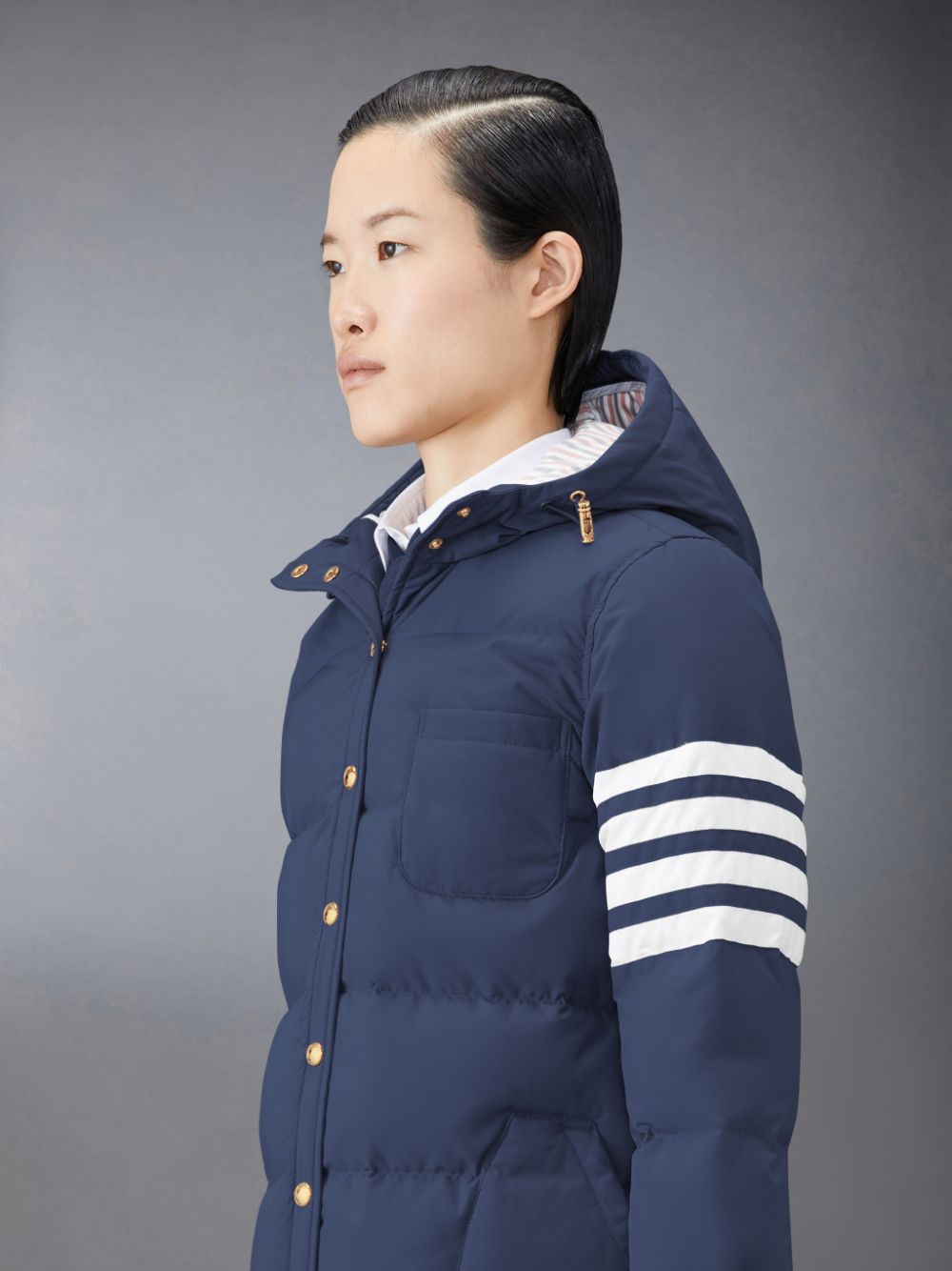 Women Thom Browne Downfilled Ripstop 4-Bar Hooded Shirtdress Coats Blue | EWZ10E92627