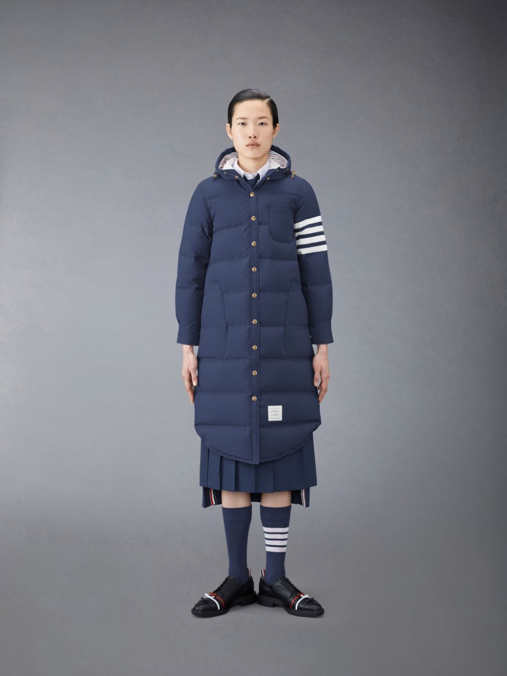 Women Thom Browne Downfilled Ripstop 4-Bar Hooded Shirtdress Coats Blue | EWZ10E92627