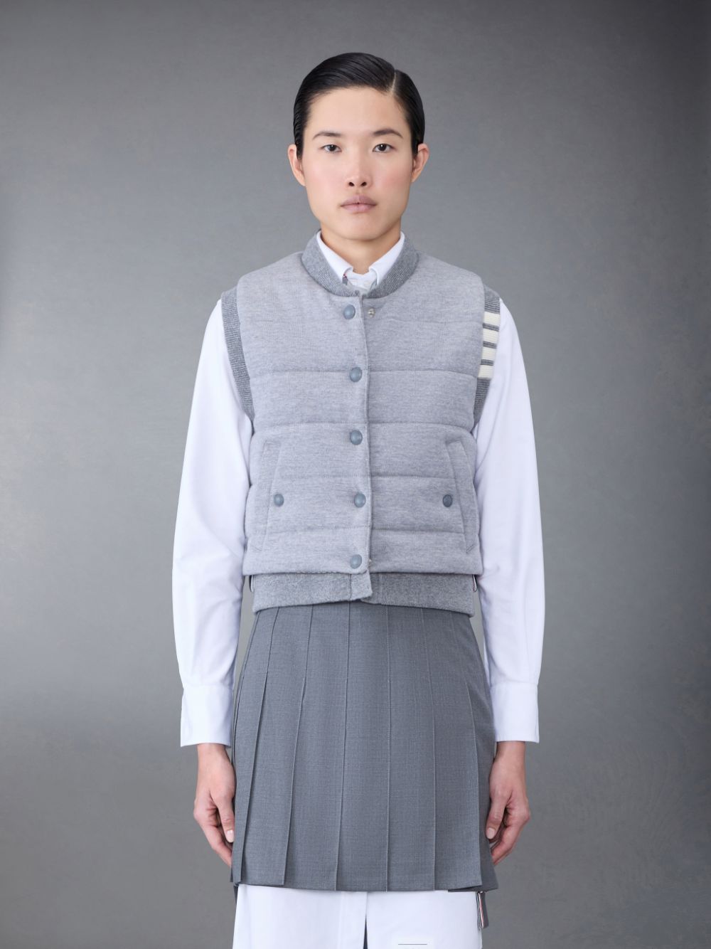 Women Thom Browne FINE MERINO AND JERSEY PADDED REVERSIBLE 4-BAR FUNNEL NECK Jackets Grey | AUF66Q11259