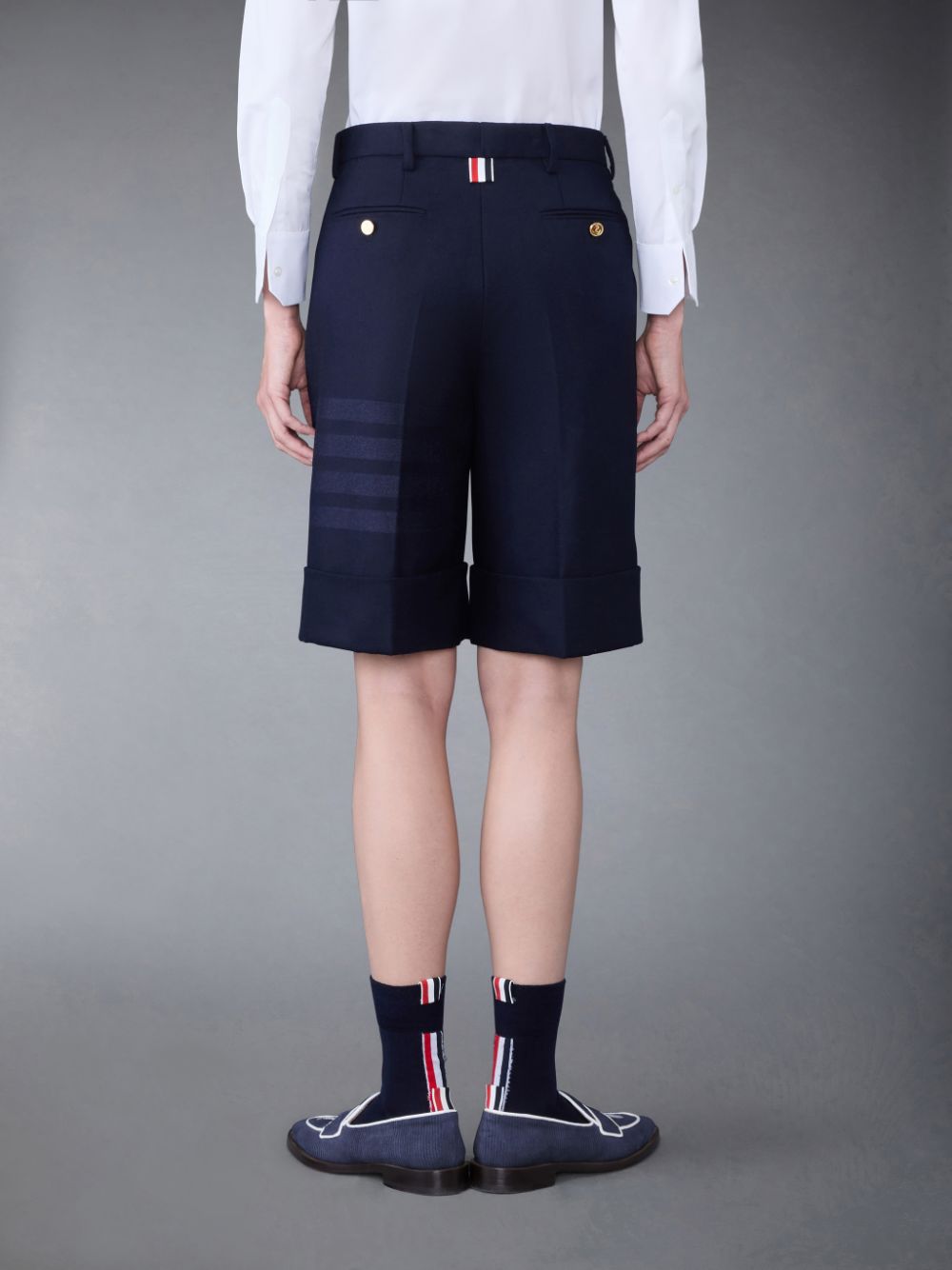 Women Thom Browne Flannel 4-Bar Sack Shorts Blue | BEJ01X62677