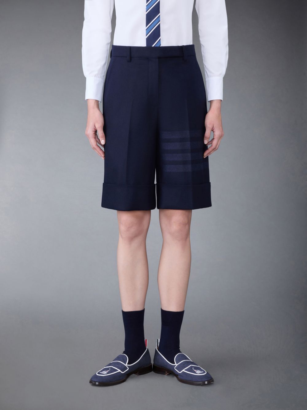 Women Thom Browne Flannel 4-Bar Sack Shorts Blue | BEJ01X62677