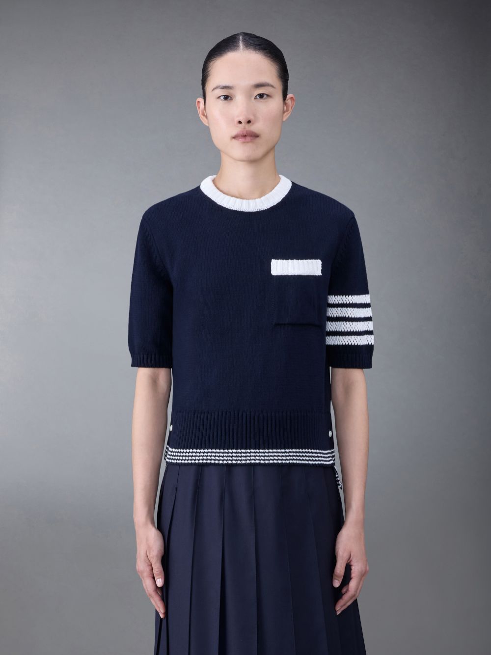 Women Thom Browne Jersey 4-Bar Pointelle T Shirts Blue | QHG70B31837