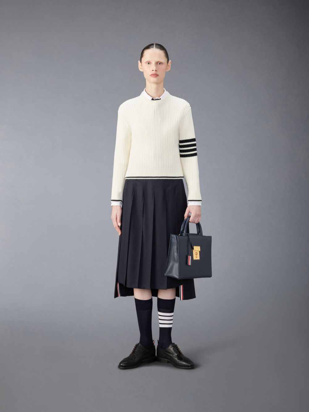 Women Thom Browne Merino Wool 4-Bar Cropped Cable Pullover White | KFA16A18942