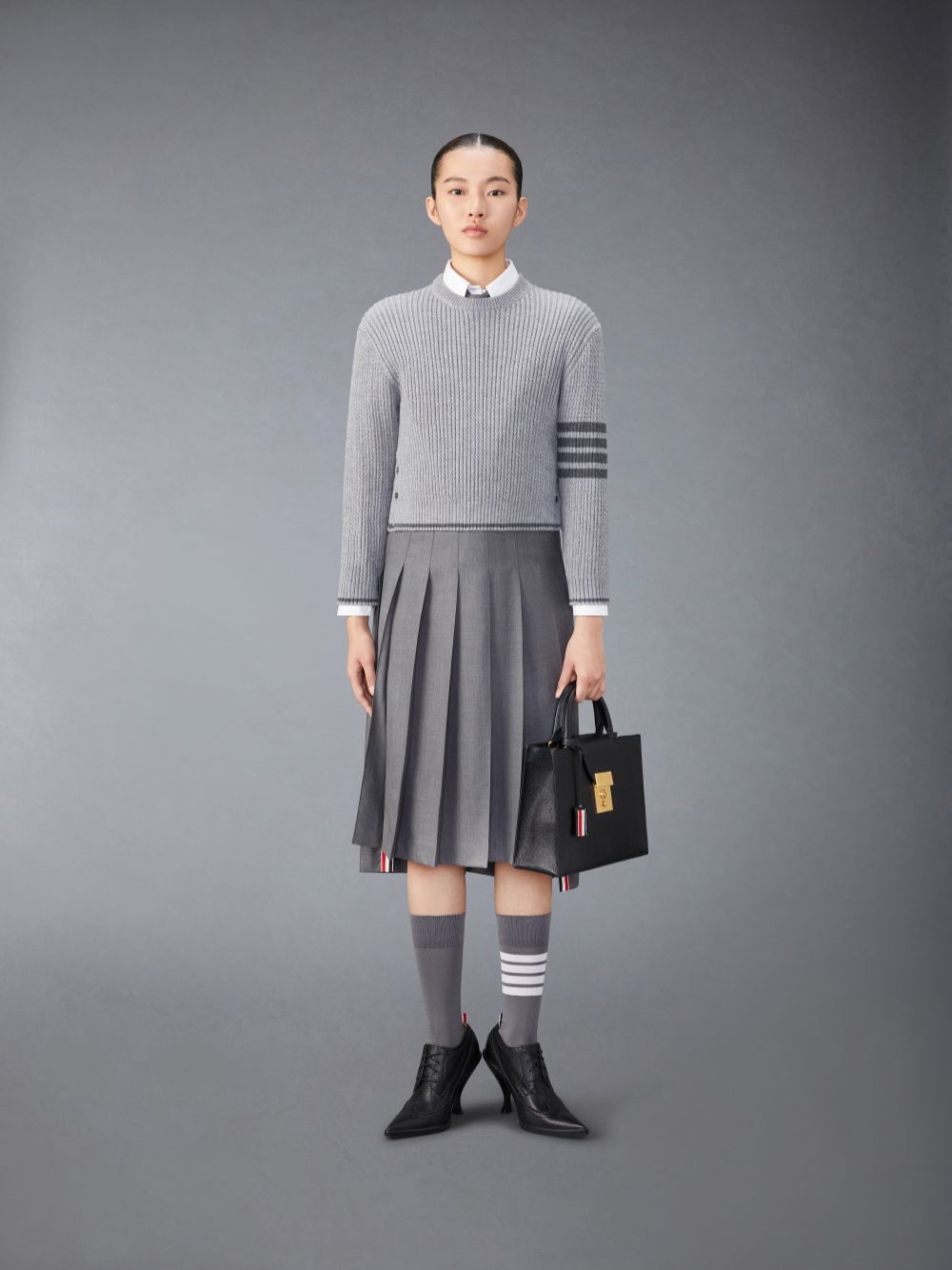 Women Thom Browne Merino Wool 4-Bar Cropped Cable Pullover Grey | RCS37U49670