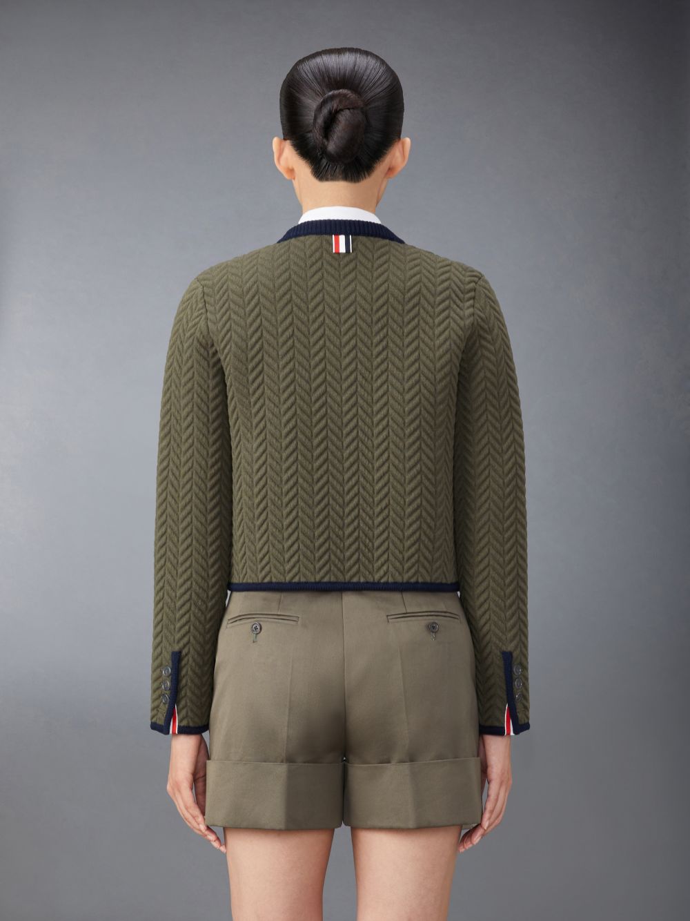 Women Thom Browne Merino Wool Herringbone Quilted Cropped Cardigan Jackets Green | DCR68W67925