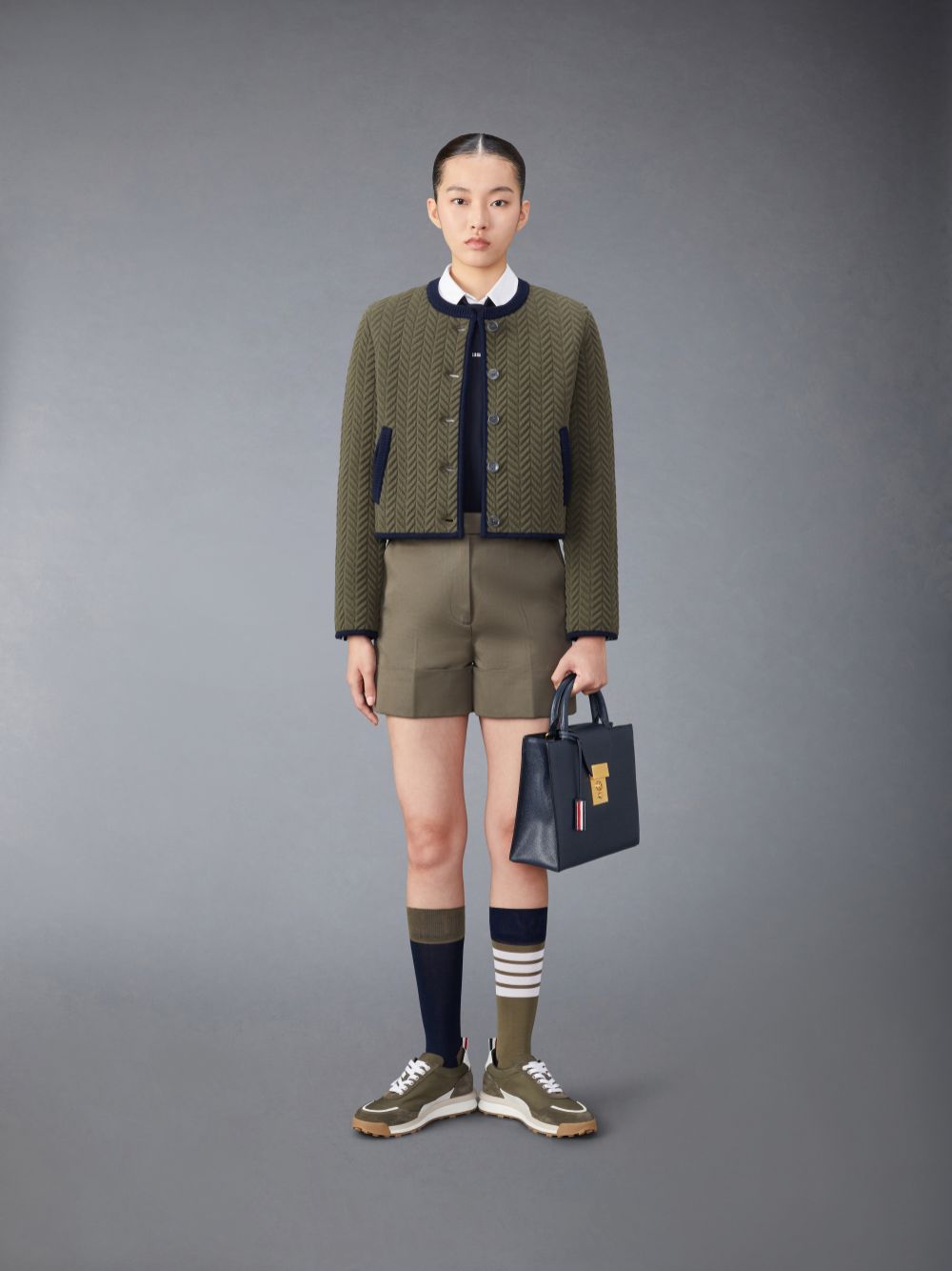 Women Thom Browne Merino Wool Herringbone Quilted Cropped Cardigan Jackets Green | DCR68W67925