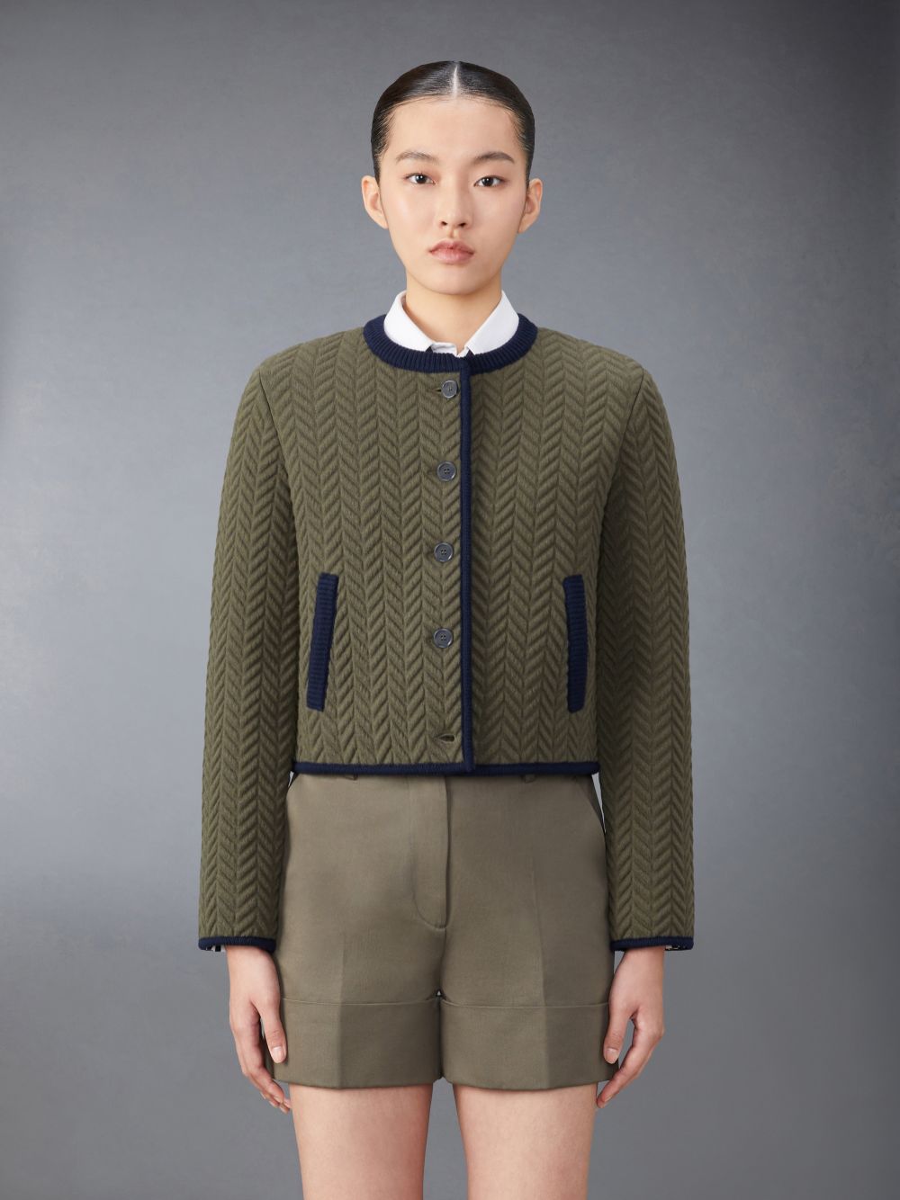Women Thom Browne Merino Wool Herringbone Quilted Cropped Cardigan Jackets Green | DCR68W67925