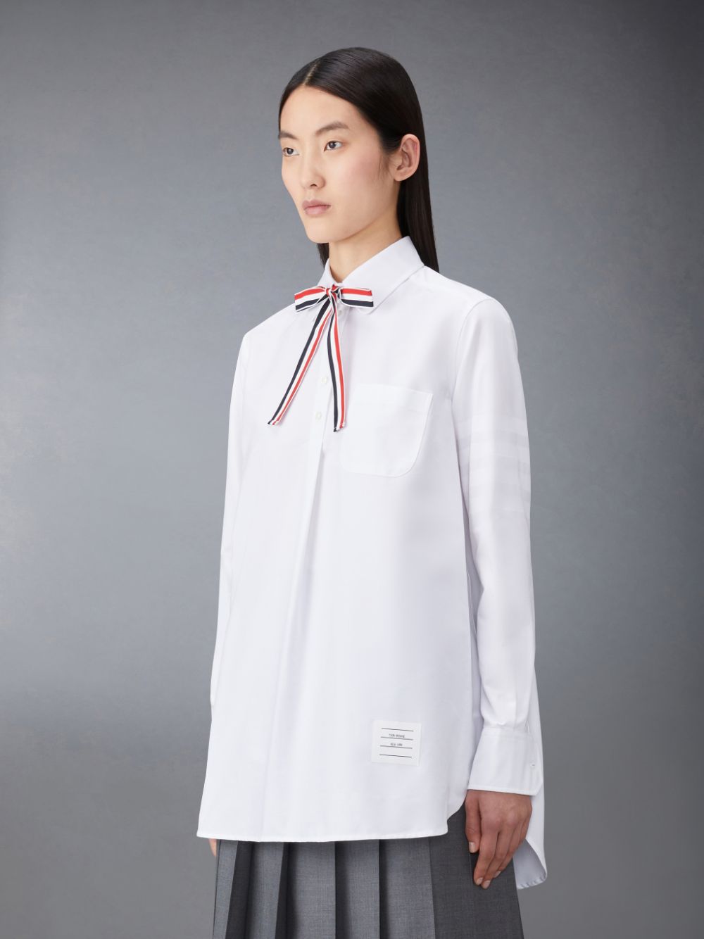 Women Thom Browne Oxford 4-Bar Bow Tie Blouson Shirts White | SFC21F08081