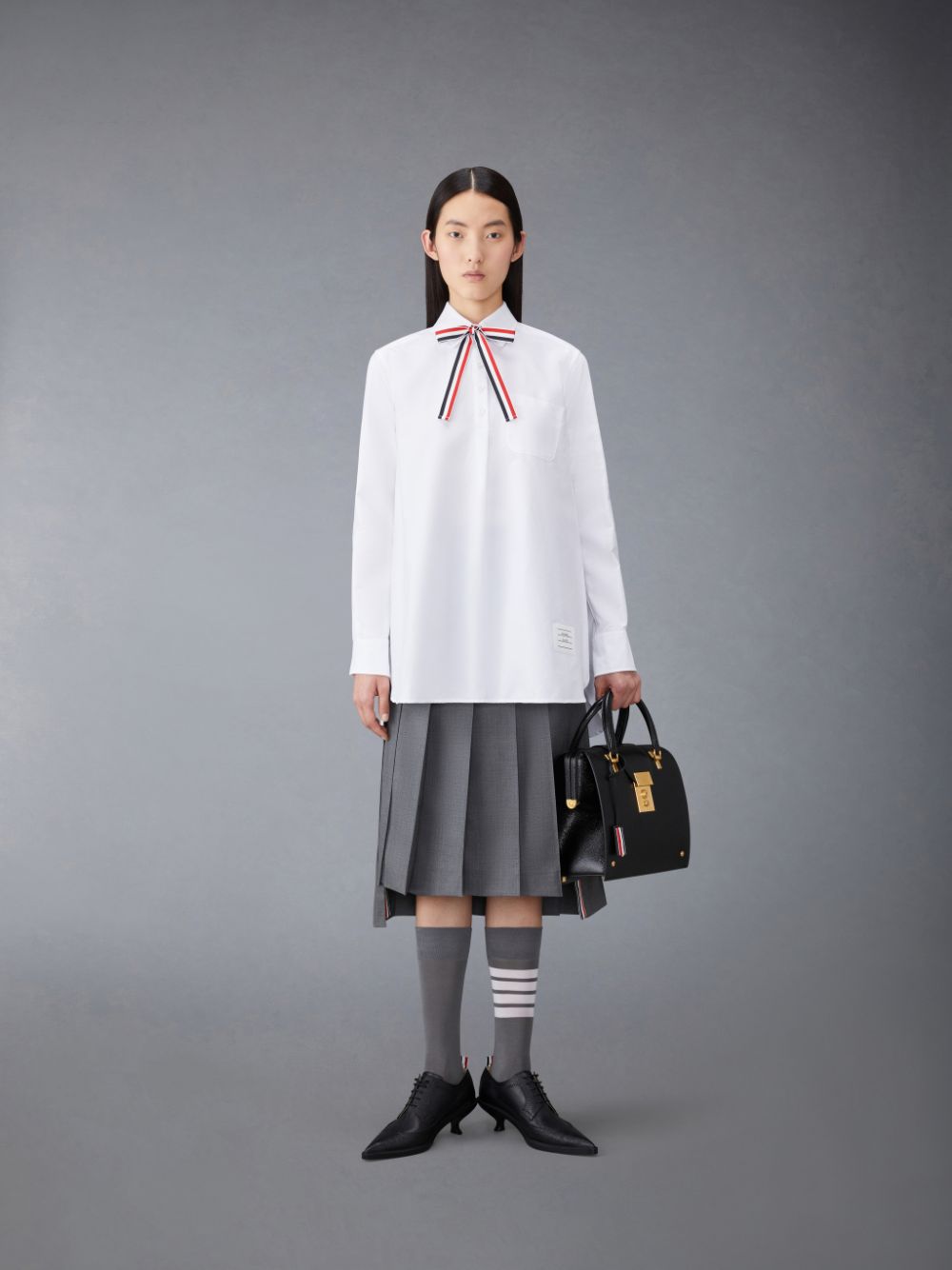 Women Thom Browne Oxford 4-Bar Bow Tie Blouson Shirts White | SFC21F08081