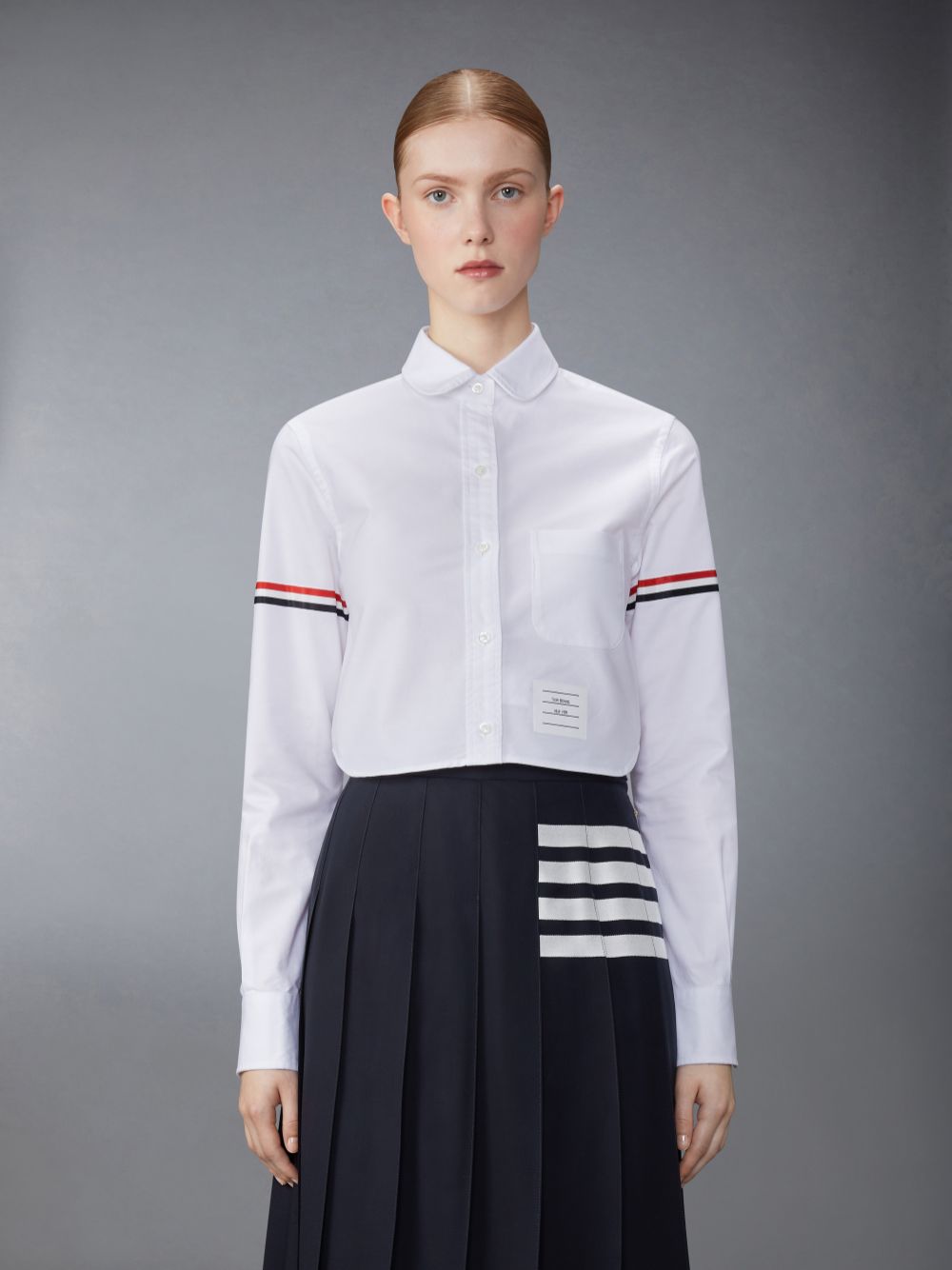 Women Thom Browne Oxford Armband Round Collar Cropped Shirts White | FLN83D87397