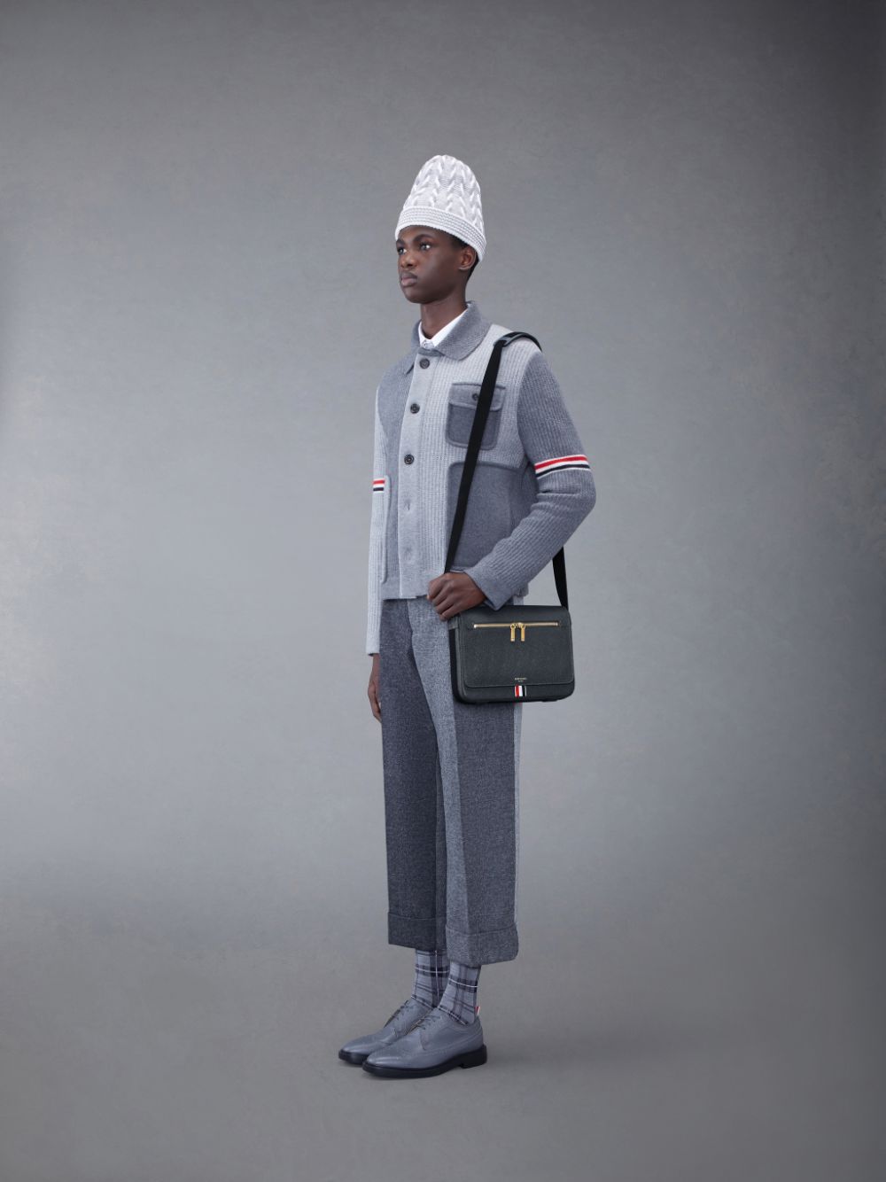 Women Thom Browne Pebble Grain Leather Reporter Shoulder Bags Grey | UBN23V81442