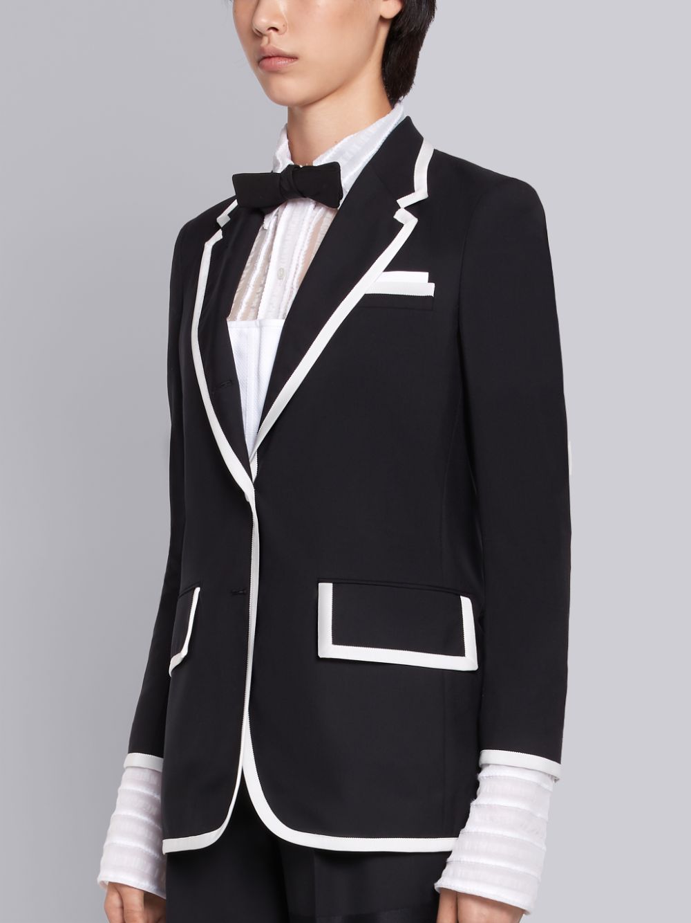 Women Thom Browne Super 120s Plain Weave Wide Lapel Jackets Black | IWE20T75893