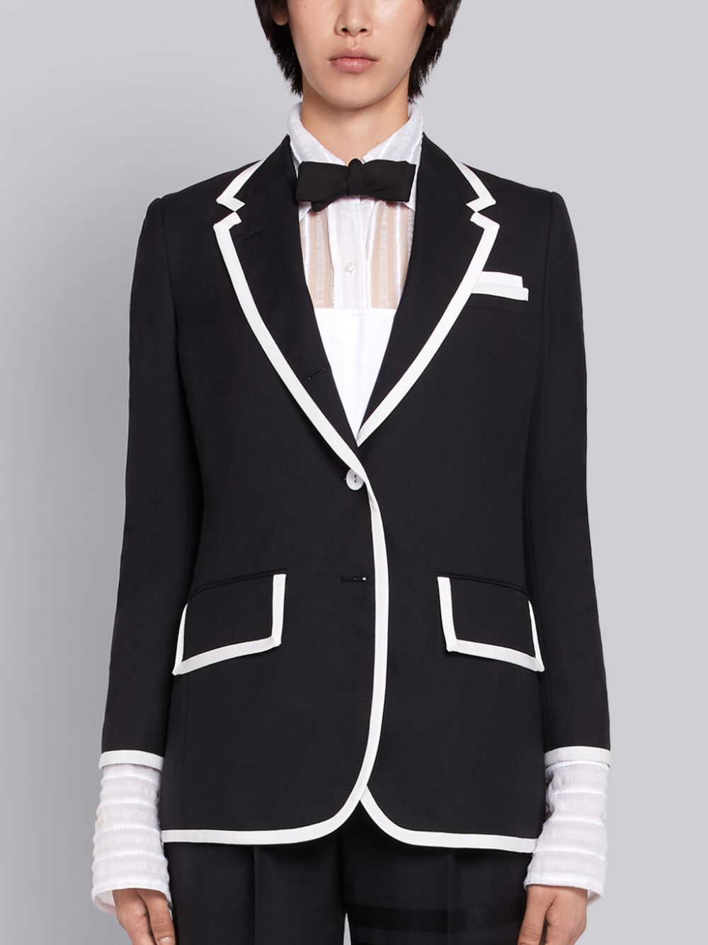 Women Thom Browne Super 120s Plain Weave Wide Lapel Jackets Black | IWE20T75893
