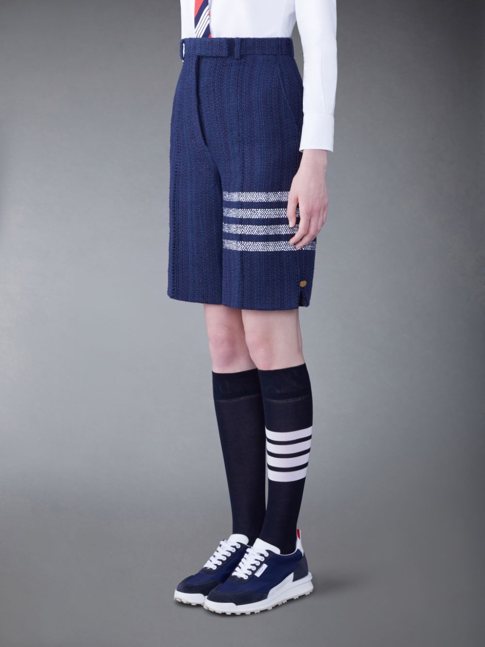 Women Thom Browne Tweed Fray 4-Bar High Waist Shorts Blue | QCL17R16814