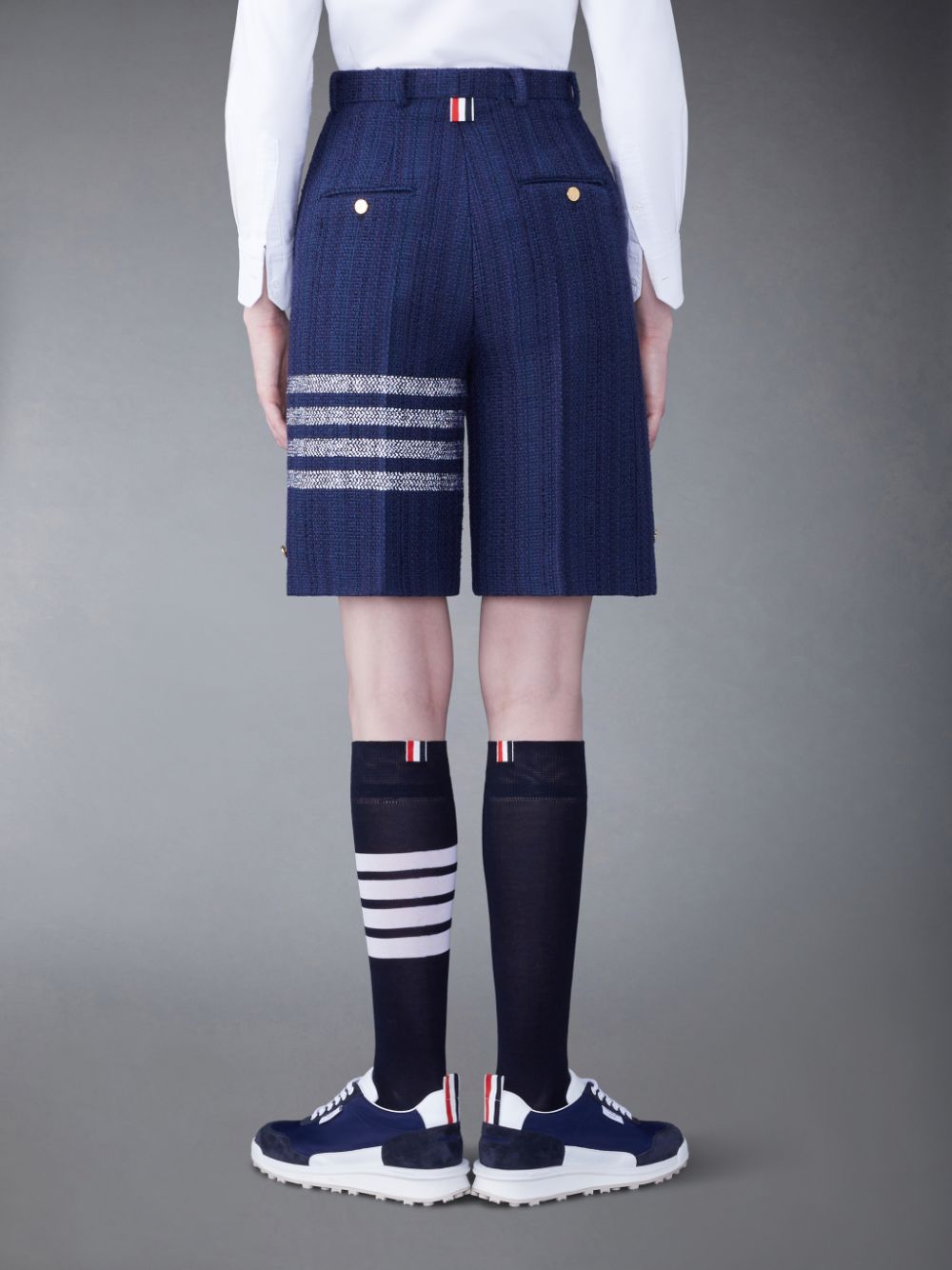Women Thom Browne Tweed Fray 4-Bar High Waist Shorts Blue | QCL17R16814