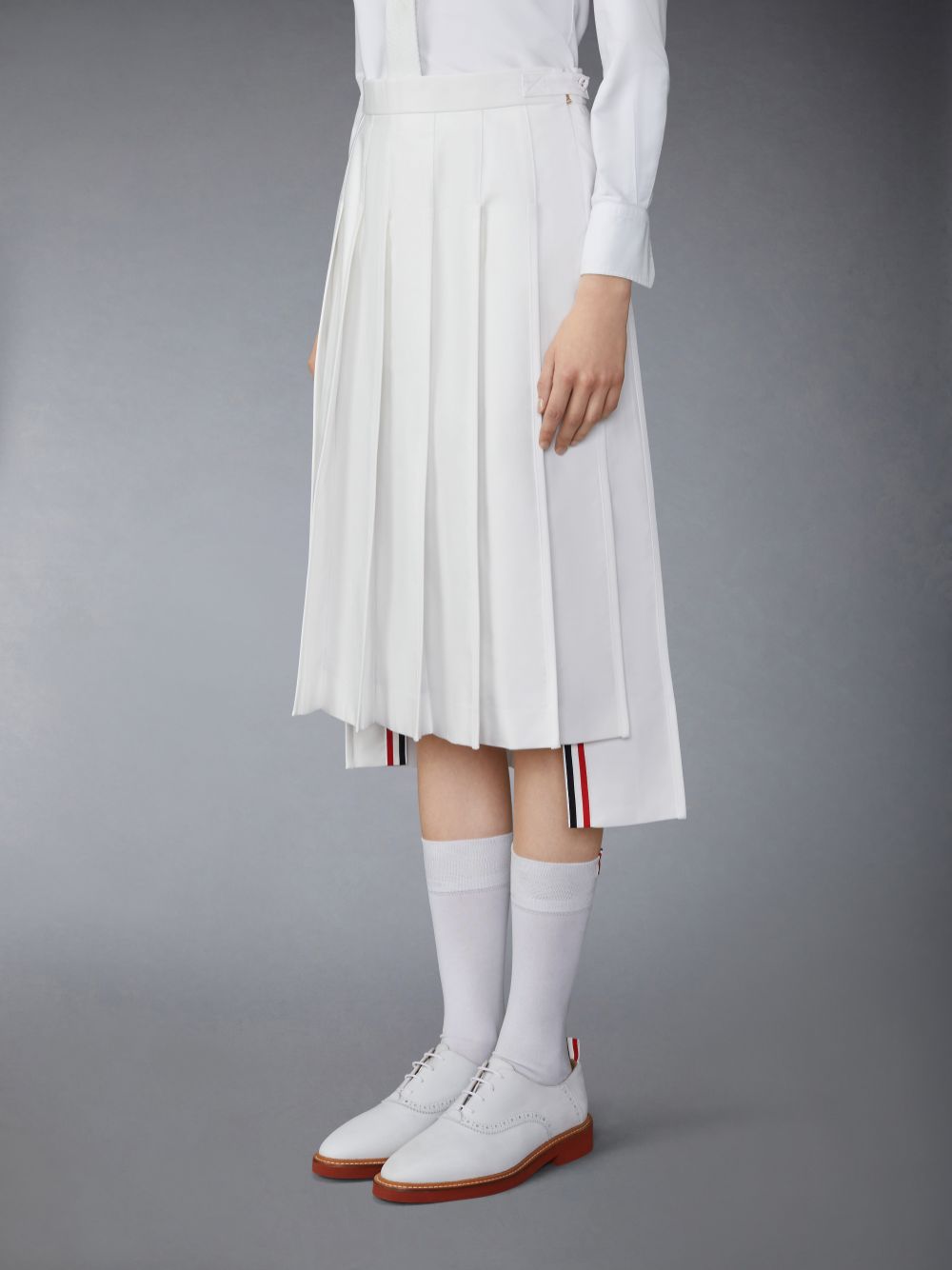 Women Thom Browne Typewriter Self Tipping Midi Pleated Skirts White | UDE17R90615