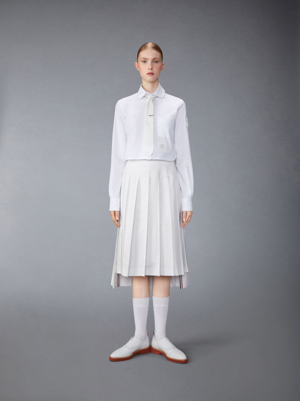 Women Thom Browne Typewriter Self Tipping Midi Pleated Skirts White | UDE17R90615