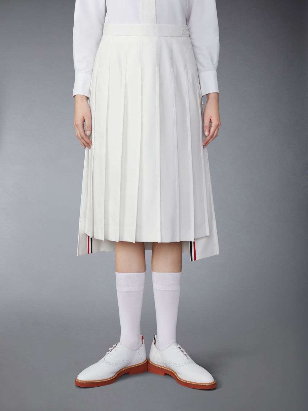 Women Thom Browne Typewriter Self Tipping Midi Pleated Skirts White | UDE17R90615