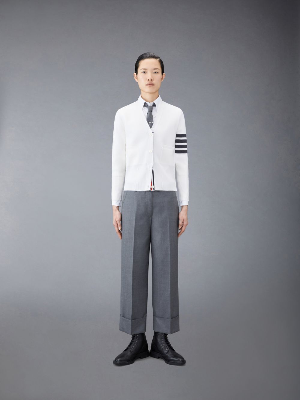 Women Thom Browne Wool 4-Bar V-Neck Cardigan White | LNF72D88314
