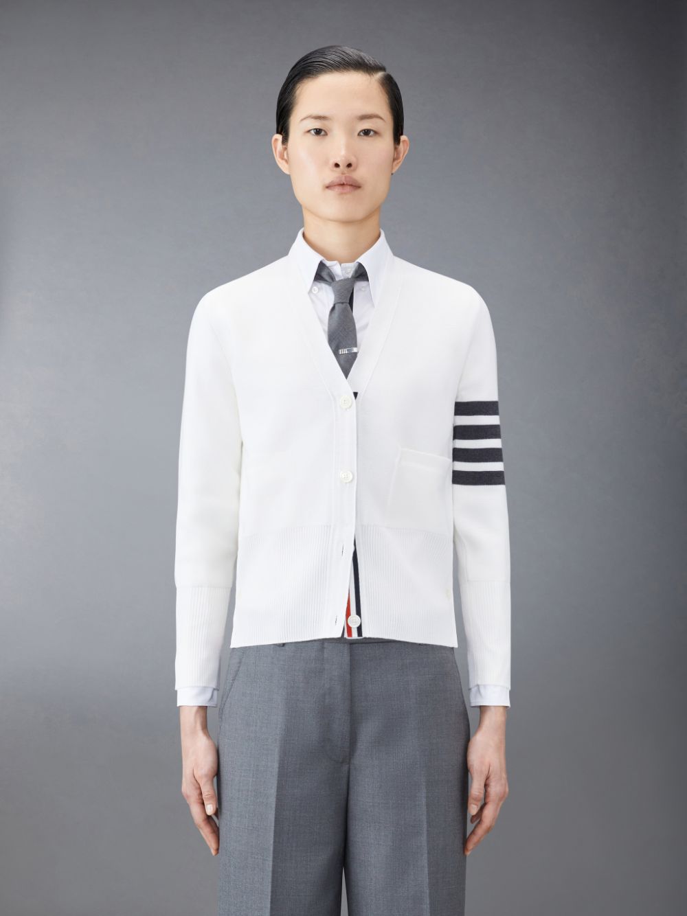Women Thom Browne Wool 4-Bar V-Neck Cardigan White | LNF72D88314