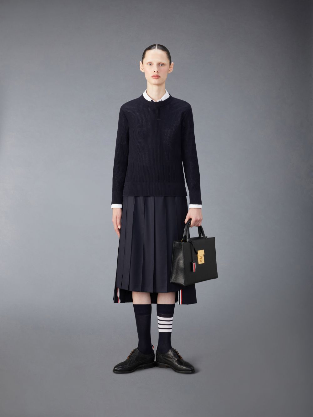 Women Thom Browne Wool Crepe 4-Bar Relaxed Fit Pullover Blue | XXF06V50696